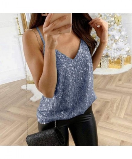 Camisoles & Tanks Glitter Camisole Womens V-Neck Strappy Tank Tops Ladies Solid Color Sparkle Cami Swing Vest Clubwear - Blue...