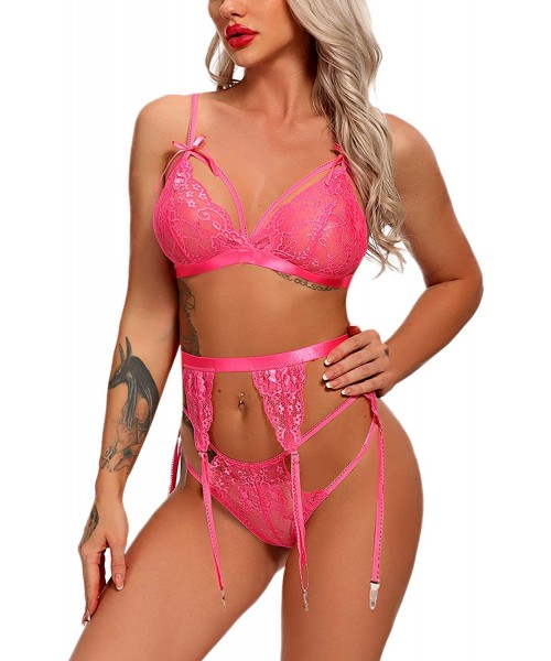 Sets Sexy Lingerie for Women Lace Chemise Bra and Panty Lingerie Sets with Garter Belt - Rose Red - CD19DYIMSH6