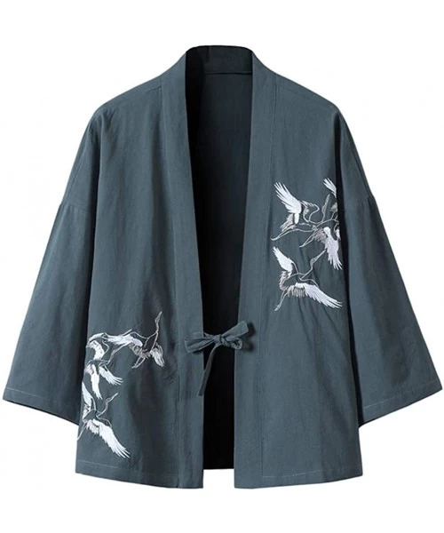 Robes Men's Lightweight Cotton Linen Blend Open Front Cardigan Kimono Jackets - B-grey Blue - C719CD3ITIL