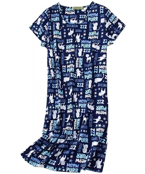 Nightgowns & Sleepshirts Womens Nightgown -Cute Print Sleepshirt -Short Sleeve Cotton Sleepwear - Blue Cat - CL19COGTE0Y
