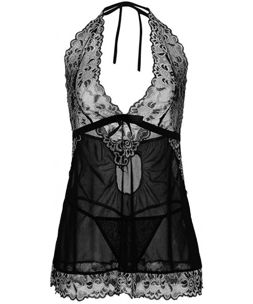 Sets Lingerie for Women for Sex New Womens V Neck Lingerie Lace Babydoll Mesh Chemise Nightwear Bowknot Sleepwear Black - C11...