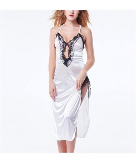 Baby Dolls & Chemises Women Lingerie V Neck Nightwear Satin Sleepwear Lace Chemise Outfit - White - CB18C9AH6KT