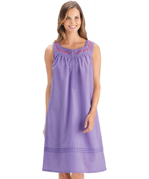 Nightgowns & Sleepshirts Sleeveless Cotton Short Pajama Nightgown with Floral Embroidered Square Neckline - Periwinkle - CM19...