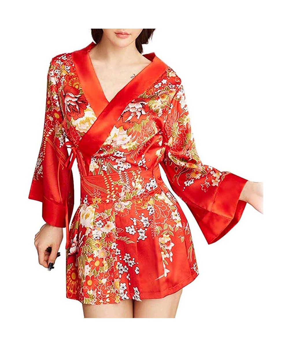 Robes Womens Sexy Kimono Lingerie Pink Blossom Pattern Mini Kimono Dress Nightgown Bathrobe Short Yukata with OBI Belt 31red ...