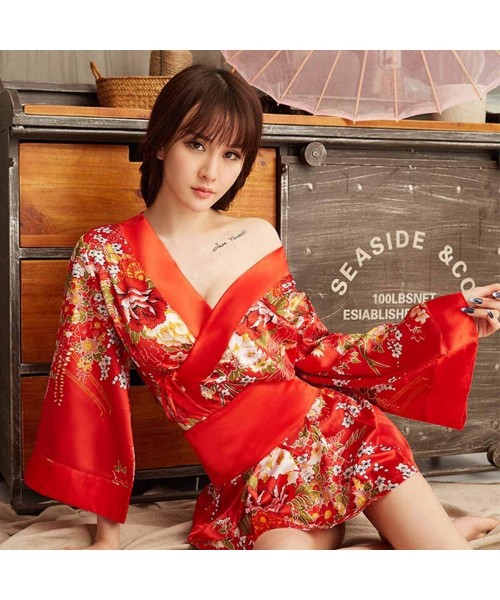 Robes Womens Sexy Kimono Lingerie Pink Blossom Pattern Mini Kimono Dress Nightgown Bathrobe Short Yukata with OBI Belt 31red ...