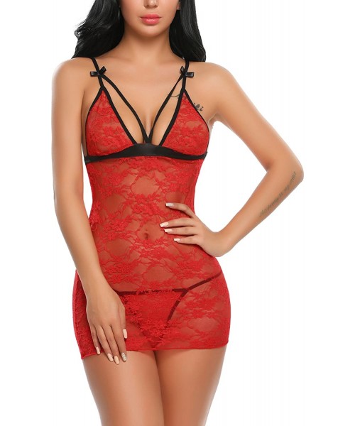 Baby Dolls & Chemises Women Sexy Lingerie Babydoll Dress Floral Lace Chemise Sleepwear - Red 2 - CM182X9MWKH