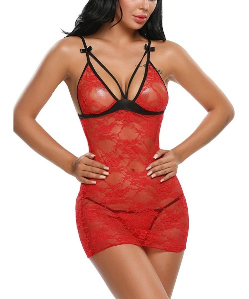 Baby Dolls & Chemises Women Sexy Lingerie Babydoll Dress Floral Lace Chemise Sleepwear - Red 2 - CM182X9MWKH
