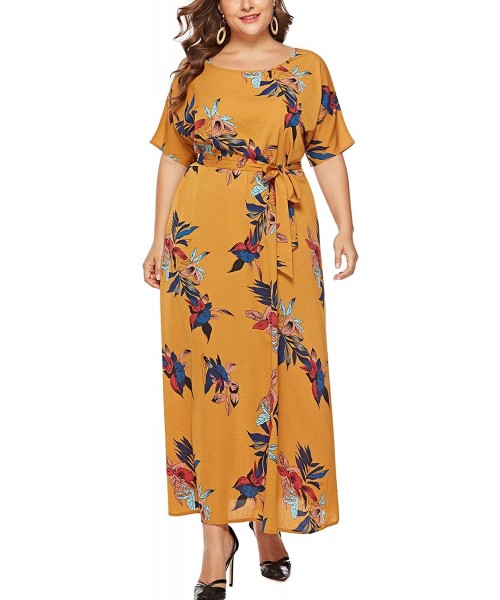 Nightgowns & Sleepshirts Womens Leopard Printed Wrap Dress Plus Size Short Sleeve Dresses - Yellow-108 - CG18QHIIEAS