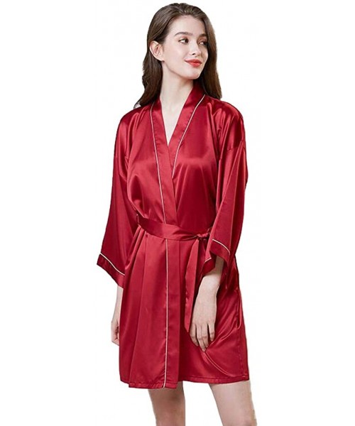 Robes Women's Short Satin Kimono Robes Soft Pure Colour V-Neck Nightgown - Red - CH196N7YNS8