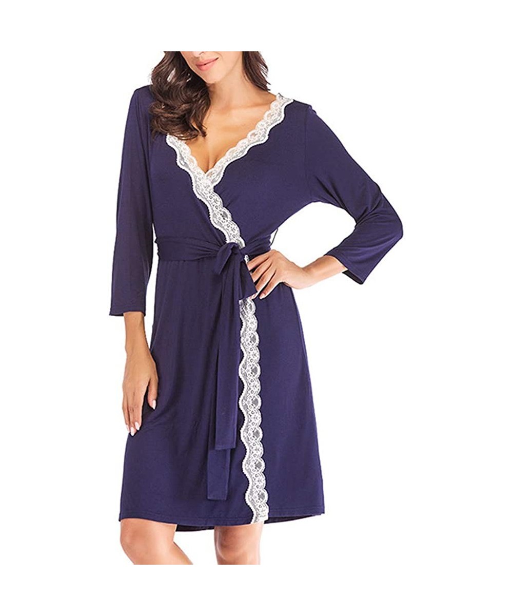 Robes Women Robe Soft Kimono Robes Cotton Bathrobe Sleepwear Loungewear Short - Navy Blue2 - CF18UK2O58D