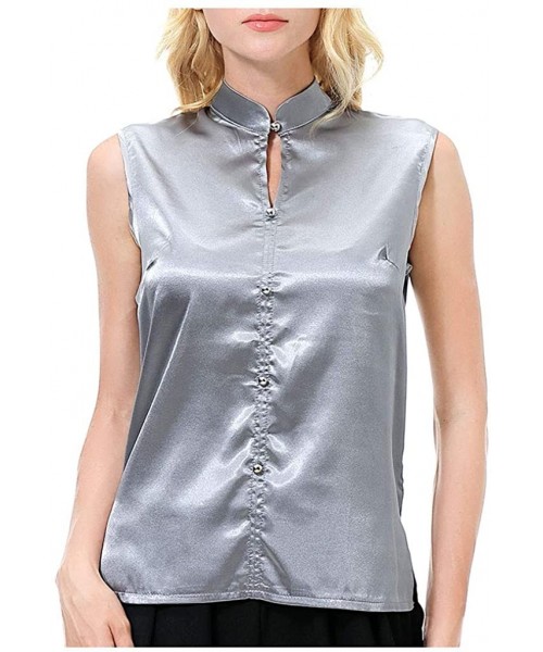 Thermal Underwear Women Vintage Solid Mandarin Collar Long Sleeve Top Casual Simulation Silk Shirt - Gray - CJ19775HXR2