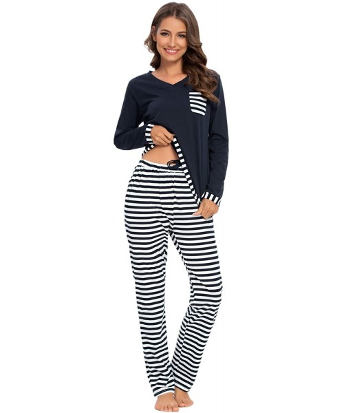 Sets Women's Pajamas Set Long Sleeve Striped Top and Pants Soft Pjs Sets Ladies Pajama Soft Sleepwear - Black - CG192ZQ0A8W