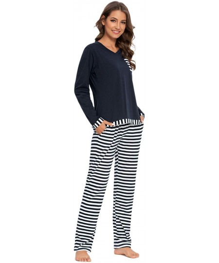 Sets Women's Pajamas Set Long Sleeve Striped Top and Pants Soft Pjs Sets Ladies Pajama Soft Sleepwear - Black - CG192ZQ0A8W