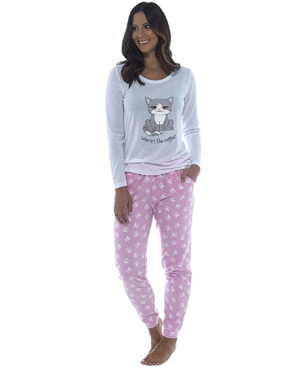 Sets Ladies Cat Design Pyjama Set with Paw Print Fleece Bottoms - Pink - C118L8O6R55