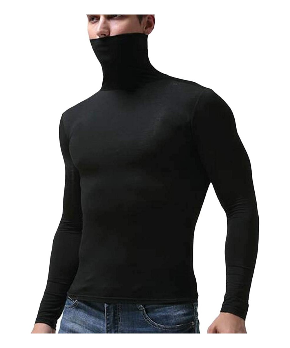 Thermal Underwear Men's Basic Solid Color Turtleneck Long Sleeve Thermal Underwear T-Shirt Tee Tops - Black - CV190U85273