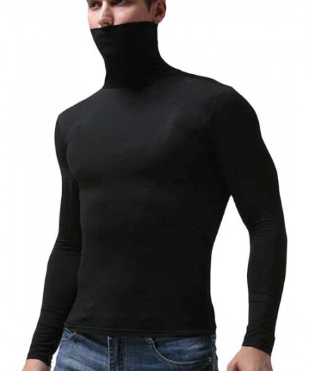 Thermal Underwear Men's Basic Solid Color Turtleneck Long Sleeve Thermal Underwear T-Shirt Tee Tops - Black - CV190U85273