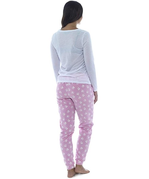 Sets Ladies Cat Design Pyjama Set with Paw Print Fleece Bottoms - Pink - C118L8O6R55