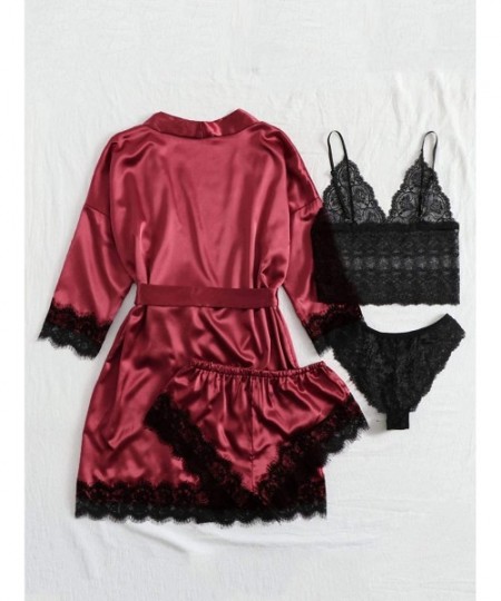 Sets Women's Sleepwear 4pcs Floral Lace Trim Satin Cami Pajama Set with Robe - Burgundy - CB19E05TWK6