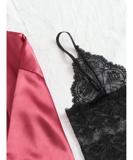 Sets Women's Sleepwear 4pcs Floral Lace Trim Satin Cami Pajama Set with Robe - Burgundy - CB19E05TWK6