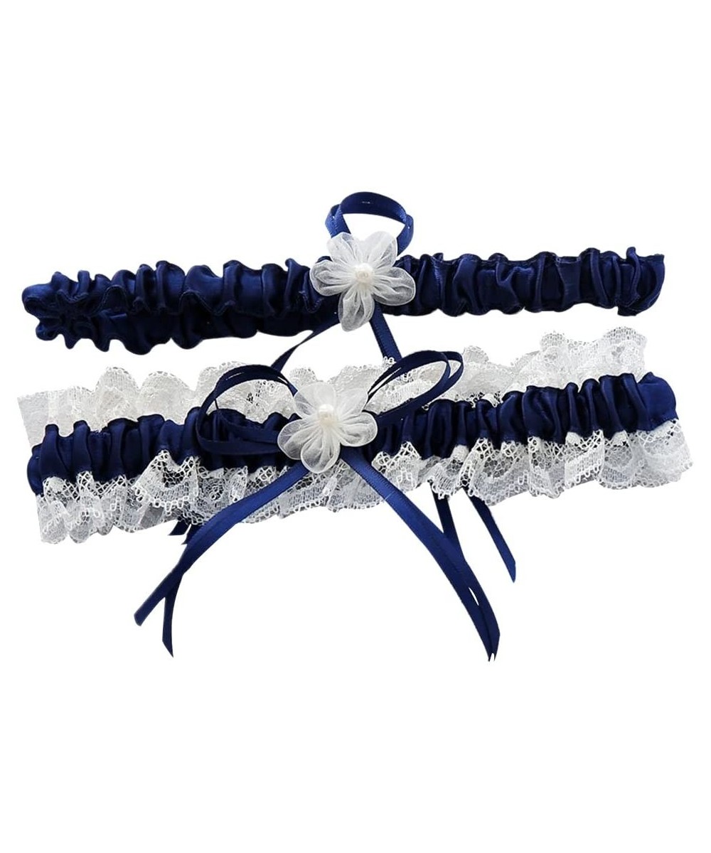 Garters & Garter Belts Bridal Wedding Garter Lace Ribbon Flower Garters Decorations for Bride and Bridesmaid (Dark Blue) - CT...