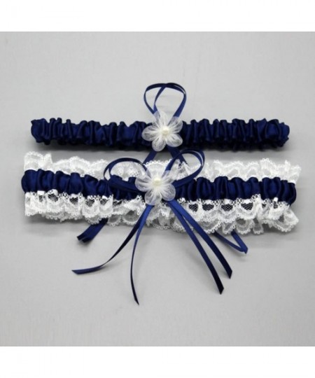 Garters & Garter Belts Bridal Wedding Garter Lace Ribbon Flower Garters Decorations for Bride and Bridesmaid (Dark Blue) - CT...