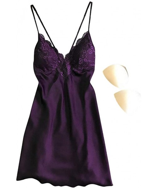 Tops Sleepwear for Women Sexy Lace Splicing Teddy Lingerie Straps Backless Chemise Nightgown Nightdress - Purple - CB193K2GZ28