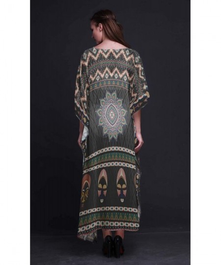 Nightgowns & Sleepshirts Tribal African Ladies Kaftan Holiday Loungewear Maxi Dress Beach Coverup - Dark Green - CD18NG8UUWM