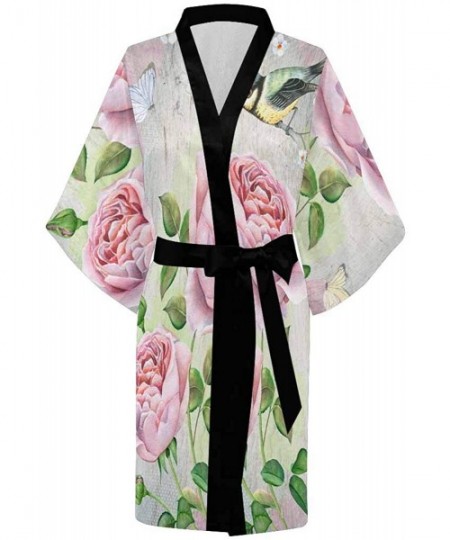 Robes Custom Watercolor Pink Rose Women Kimono Robes Beach Cover Up for Parties Wedding (XS-2XL) - Multi 1 - C8194S4IGWD