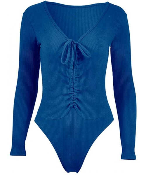 Shapewear Womens Deep V Neck Long Sleeve Bodysuit Drawstring Tight Jumpsuit Leotard - Blue - CU18L4N0GEG