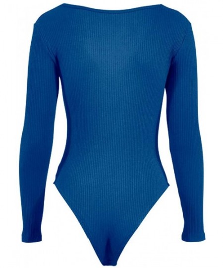 Shapewear Womens Deep V Neck Long Sleeve Bodysuit Drawstring Tight Jumpsuit Leotard - Blue - CU18L4N0GEG
