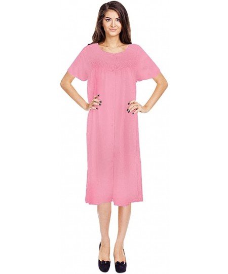 Nightgowns & Sleepshirts Women's Short Sleeve Button-Down Cotton Duster House Dress - Pink - C611AZYYKSF