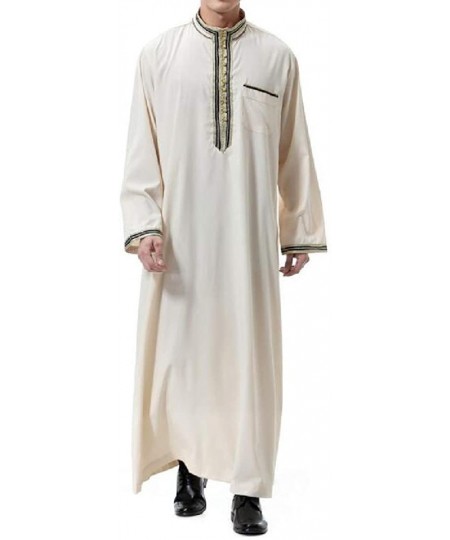 Robes Mens Long Sleeve Jalabiya Loose Stand Collar Ramadan Muslim Islamic Dubai Arab Robe Abaya - Beige - CI18X4OO809