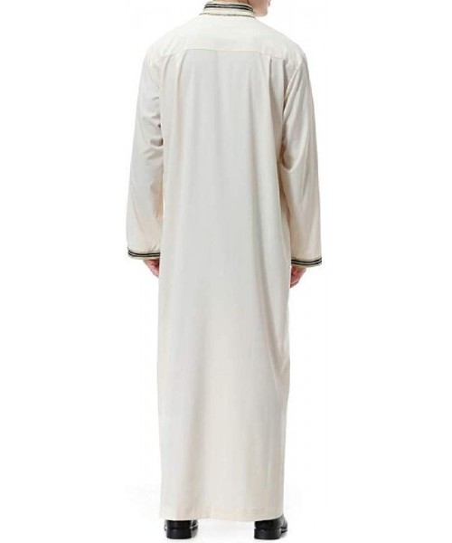 Robes Mens Long Sleeve Jalabiya Loose Stand Collar Ramadan Muslim Islamic Dubai Arab Robe Abaya - Beige - CI18X4OO809