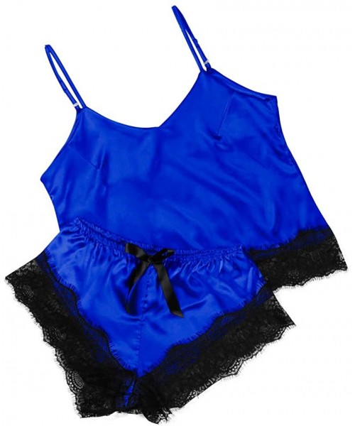 Sets 2Pcs Women Sexy Pajamas Set Satin Silk Sleepwear Cami Shorts Nightwear Lingerie - Blue a - C319648LO7D