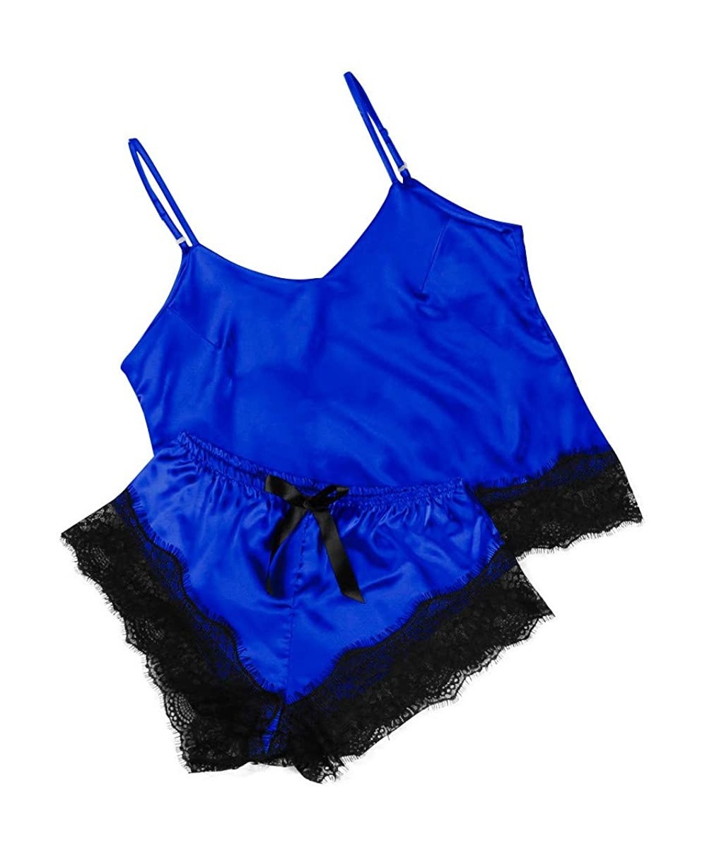 Sets 2Pcs Women Sexy Pajamas Set Satin Silk Sleepwear Cami Shorts Nightwear Lingerie - Blue a - C319648LO7D