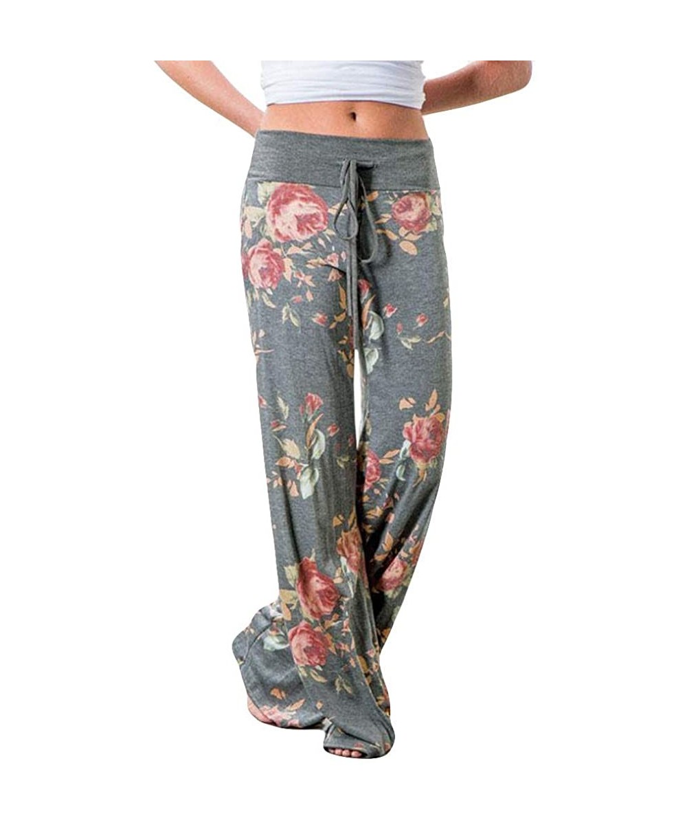 Bottoms Casual Pajama Pant-Womens Comfy Stretch Floral Print Drawstring Palazzo Wide Leg Lounge Pants - C-gray - C1196EA43QK