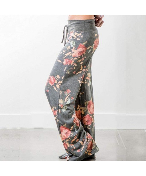 Bottoms Casual Pajama Pant-Womens Comfy Stretch Floral Print Drawstring Palazzo Wide Leg Lounge Pants - C-gray - C1196EA43QK