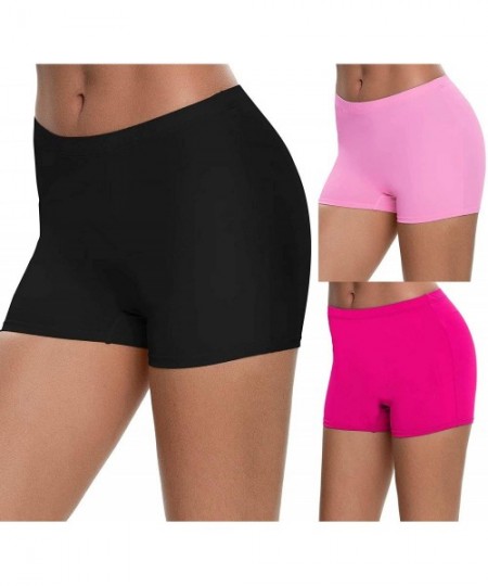 Panties Women's 3 Packs Workout Yoga Boyshorts Stretch Exercise Dance Shorts Boxer Briefs - Black/Pink/Rose Red - CZ19802NREI