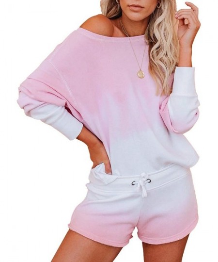 Sets Womens Tie Dye Ombre Sweatshirt Gradient Color Long Sleeve Shorts Round Neck 2 Piece Loungewear - Pink - CR199GRE2CM