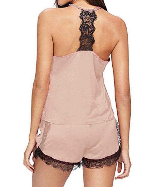 Sets Womens Satin Pajama Cami Set Silky Lace Sexy Lingerie Sleeveless Sleepwear Sling Tops Short Pants Nightwear Beige - CL18...