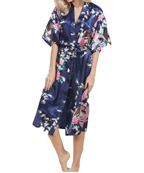 Sets Women Half Sleeve Plus Size Lace up V Neck Floral Print Kimono Robe Pajama Sets Sleepwear Pjs Sets - Navy Blue - CM18EZO...