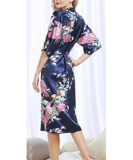 Sets Women Half Sleeve Plus Size Lace up V Neck Floral Print Kimono Robe Pajama Sets Sleepwear Pjs Sets - Navy Blue - CM18EZO...
