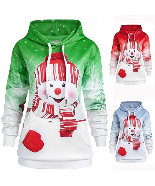 Thermal Underwear Women's Christmas Hoodie Gradient Drawstring Sweatshirt with Pocket Cartoon Snowman Print Top - A-red - C71...