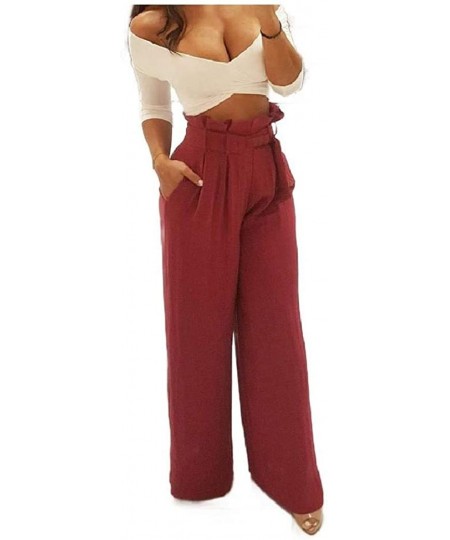 Bottoms Women Long Pants Highwaist Leisure Belted Solid Palazzo Lounge Pant - Wine Red - CI19DAR2IDT