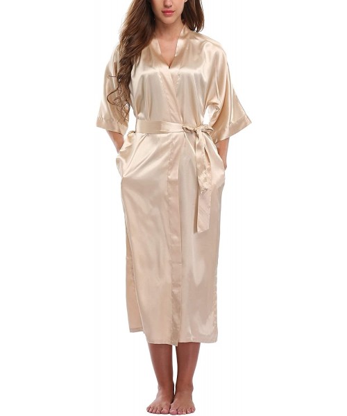 Robes Women's Long Satin Robe Sexy Lightweight Bathrobe Pure Color Sleepwear Plus Size - Champagne - C6188ARTETE