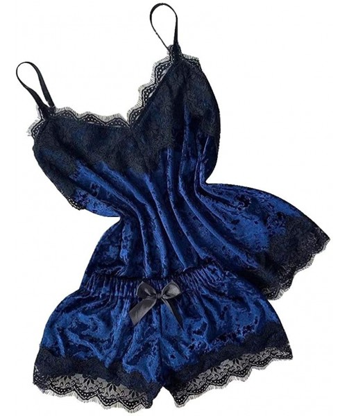 Sets Women Sleepwear Sleeveless Strap Nightwear Lace Trim Satin Top Pajama Sets Sexy Nightdress Women Loungewear Blue B - CT1...