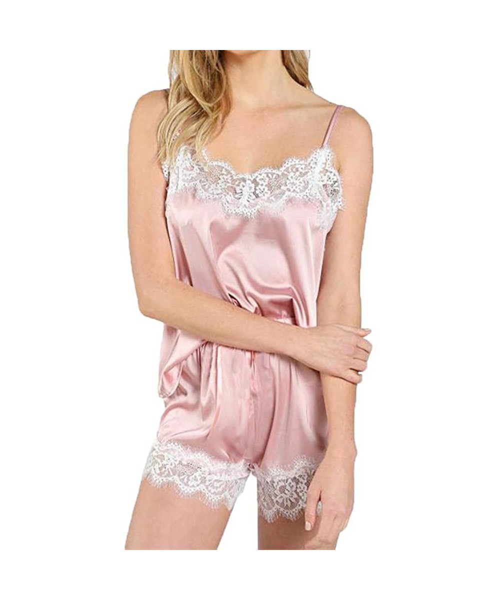 Sets Pajama Set for Women's 2 Piece Lingerie Short Sleepwear Solid Lace Satin Strap Cami Top Shorts Nightwear - Pink - C518U4...