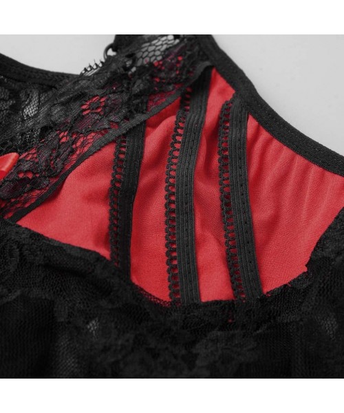 Baby Dolls & Chemises Lace Lingerie for Women-Sexy V-Neck Mesh Bow Babydoll-Strapless Back Split Sleepwear Thong Black - Red ...