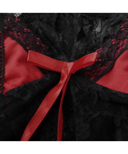 Baby Dolls & Chemises Lace Lingerie for Women-Sexy V-Neck Mesh Bow Babydoll-Strapless Back Split Sleepwear Thong Black - Red ...