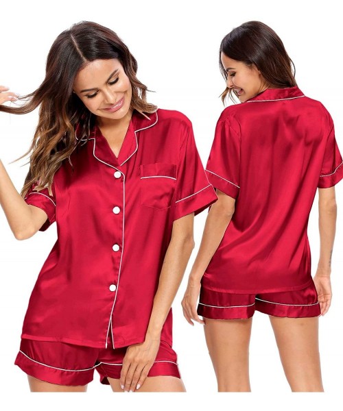 Sets Womens Silk Satin Pajamas Short Sleeve Loungewear Two-Piece Sleepwear Button-Down Pj Set - Red-03 - C9190Z8E8NL